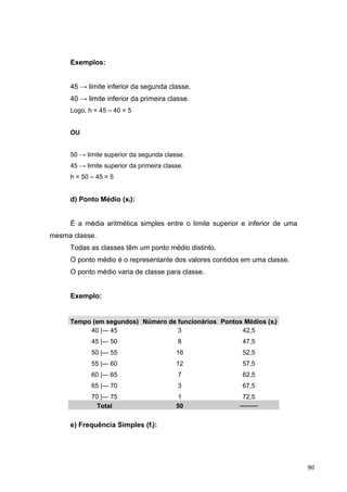Exemplos:
45 → limite inferior da segunda classe.
40 → limite inferior da primeira classe.
Logo, h = 45 – 40 = 5
OU
50 → limite superior da segunda classe.
45 → limite superior da primeira classe.
h = 50 – 45 = 5
d) Ponto Médio (xi):
É a média aritmética simples entre o limite superior e inferior de uma
mesma classe.
Todas as classes têm um ponto médio distinto.
O ponto médio é o representante dos valores contidos em uma classe.
O ponto médio varia de classe para classe.
Exemplo:
Tempo (em segundos) Número de funcionários Pontos Médios (xi)
40 |― 45
45 |— 50
50 |— 55
55 |— 60
60 |— 65
65 |— 70
70 |— 75
3
8
16
12
7
3
1
42,5
47,5
52,5
57,5
62,5
67,5
72,5
Total 50 ────
e) Frequência Simples (fi):
90
 