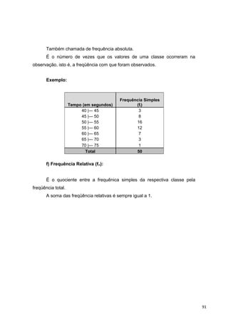 Também chamada de frequência absoluta.
É o número de vezes que os valores de uma classe ocorreram na
observação, isto é, a freqüência com que foram observados.
Exemplo:
Tempo (em segundos)
Frequência Simples
(fi)
40 |― 45 3
45 |— 50 8
50 |— 55 16
55 |— 60 12
60 |— 65 7
65 |— 70 3
70 |— 75 1
Total 50
f) Frequência Relativa (fri):
É o quociente entre a frequênica simples da respectiva classe pela
freqüência total.
A soma das freqüência relativas é sempre igual a 1.
91
 