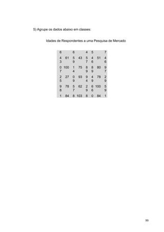 5) Agrupe os dados abaixo em classes:
Idades de Respondentes a uma Pesquisa de Mercado
6
4 61
6
5 43
4
5
5
4 51
7
4
3
0 100
9
1 75
7
8
6
8 80
6
9
7
2 27
4
0 93
9
9
9
4 78
7
2
5
9 78
9
5 62
4
2
9
6 100
9
5
8
1 84
7
8 103
9
8
6
0 84
9
1
99
 