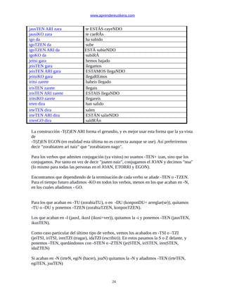 www.aprendereuskera.com
jausTEN ARI zara te ESTÁS cayeNDO
jausiKO zara te caeRÁs
igo da ha subido
igoTZEN da sube
igoTZEN ARI da ESTÁ subieNDO
igoKO da subiRÁ
jeitsi gara hemos bajado
jeisTEN gara llegamos
jeisTEN ARI gara ESTAMOS llegaNDO
jeitsiKO gara llegaREmos
iritsi zarete habeis llegado
irisTEN zarete llegais
irisTEN ARI zarete ESTAIS llegaNDO
iritsiKO zarete llegareis
irten dira han salido
irteTEN dira salen
irteTEN ARI dira ESTÁN salieNDO
irtenGO dira saldRÁn
La construcción -T(Z)EN ARI forma el gerundio, y es mejor usar esta forma que la ya vista
de
-T(Z)EN EGON (en realidad esta última no es correcta aunque se use). Así preferiremos
decir "zorabiatzen ari naiz" que "zorabiatzen nago".
Para los verbos que admiten conjugación (ya vistos) no usamos -TEN+ izan, sino que los
conjugamos. Por tanto en vez de decir "joaten naiz", conjugamos el JOAN y decimos "noa"
(lo mismo para todas las personas en el JOAN, ETORRI y EGON).
Encontramos que dependiendo de la terminación de cada verbo se añade -TEN o -TZEN.
Para el tiempo futuro añadimos -KO en todos los verbos, menos en los que acaban en -N,
en los cuales añadimos - GO.
Para los que acaban en -TU (zorabiaTU), o en -DU (konponDU= arreglar(se)), quitamos
-TU o -DU y ponemos -TZEN (zorabiaTZEN, konponTZEN).
Los que acaban en -I (jausI, ikusI (ikusi=ver)), quitamos la -i y ponemos -TEN (jausTEN,
ikusTEN).
Como caso particular del último tipo de verbos, vemos los acabados en -TSI o -TZI
(jeiTSI, iriTSI, irenTZI (tragar), idaTZI (escribir)). En estos pasamos la S o Z delante, y
ponemos -TEN, quedándonos con -STEN o -ZTEN (jeiSTEN, iriSTEN, irenSTEN,
idaZTEN)
Si acaban en -N (irteN, egiN (hacer), joaN) quitamos la -N y añadimos -TEN (irteTEN,
egiTEN, joaTEN)
24
 