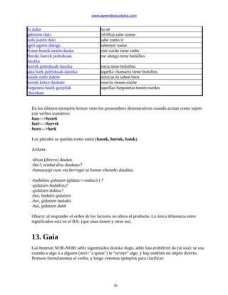 www.aprendereuskera.com
ez dakit no sé
gehitzen daki (él/ella) sabe sumar
nola joaten daki sabe como ir
igeri egiten dakigu sabemos nadar
Kotxe honek irratia dauka este coche tiene radio
Beroki horrek poltsikoak
dauzka
ese abrigo tiene bolsillos
horrek poltsikoak dauzka ese/a tiene bolsillos
jaka hark poltsikoak dauzka aquella chamarra tiene bolsillos
hauek ondo dakite estos/as lo saben bien
horiek kotxe daukate esos/as tienen coche
furgoneta haiek gurpilak
dauzkate
aquellas furgonetas tienen ruedas
En los últimos ejemplos hemos visto los pronombres demostrativos cuando actúan como sujeto
con verbos transitivo:
hau--->honek
hori--->horrek
hura--->hark
Los plurales se quedan como están (hauek, horiek, haiek).
Ariketa:
-dirua (dinero) daukat.
-bai?, zenbat diru daukazu?
-hamazazpi euro eta berrogei ta hamar ehuneko dauzkat.
-badakizu gidatzen (gidatu=conducir) ?
-gidatzen badakizu?
-gidatzen dakizu?
-bai, badakit gidatzen
-bai, gidatzen badakit.
-bai, gidatzen dakit
Oharra: al responder el orden de los factores no altera el producto. La única diferencia entre
significados está en el BA- (que unas tienen y otras no).
13. Gaia
Gai honetan NOR-NORI aditz laguntzailea ikusiko dugu, aditz hau erabiltzen da (se usa): se usa
cuando a algo o a alguien (nori="a quien") le “ocurre” algo, y hay también un objeto directo.
Primero formularemos el verbo, y luego veremos ejemplos para clarificar:
30
 