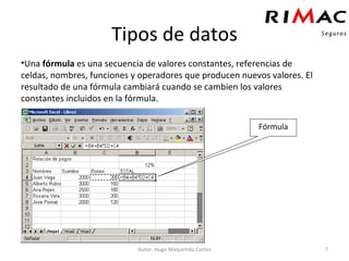 Tipos de datos Una  fórmula  es una secuencia de valores constantes, referencias de celdas, nombres, funciones y operadores que producen nuevos valores. El resultado de una fórmula cambiará cuando se cambien los valores constantes incluidos en la fórmula. Autor: Hugo Malpartida Cortez Fórmula 