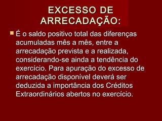 EXCESSO DEEXCESSO DE
ARRECADAÇÃO:ARRECADAÇÃO:
 É o saldo positivo total das diferençasÉ o saldo positivo total das diferenças
acumuladas mês a mês, entre aacumuladas mês a mês, entre a
arrecadação prevista e a realizada,arrecadação prevista e a realizada,
considerando-se ainda a tendência doconsiderando-se ainda a tendência do
exercício. Para apuração do excesso deexercício. Para apuração do excesso de
arrecadação disponível deverá serarrecadação disponível deverá ser
deduzida a importância dos Créditosdeduzida a importância dos Créditos
Extraordinários abertos no exercício.Extraordinários abertos no exercício.
 