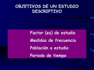 Factor (es) de estudio
Medidas de frecuencia
Población a estudio
Periodo de tiempo
OBJETIVOS DE UN ESTUDIO
DESCRIPTIVO
 