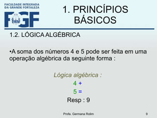 1. PRINCÍPIOS BÁSICOS 1.2. LÓGICA ALGÉBRICA A soma dos números 4 e 5 pode ser feita em uma operação algébrica da seguinte forma : Lógica algébrica :   4  +   5  =   Resp : 9 Profa. Germana Rolim 