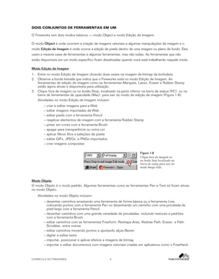 DOIS CONJUNTOS DE FERRAMENTAS EM UM
O Fireworks tem dois modos básicos — modo Object e modo Edição de Imagem:
O modo Object é onde ocorrem a criação de imagens vetoriais e algumas manipulações de imagem e o
modo Edição de Imagem é onde ocorre a edição de pixels dentro de uma imagem ou plano de fundo. Eles
usam a mesma caixa de ferramentas e algumas ferramentas, mas não todas. As ferramentas que não
estão disponíveis em um modo específico ficam desativadas quando você está trabalhando naquele modo.
Modo Edição de Imagem
1. Entre no modo Edição de Imagem clicando duas vezes na imagem de bitmap da borboleta.
2. Observe a borda listrada que indica que o Fireworks está no modo Edição de Imagem. As
ferramentas de edição de imagem como as ferramentas Marquee, Lasso, Eraser e Rubber Stamp
estão agora ativas e disponíveis para utilização.
3. Clique fora da imagem ou no botão Stop, localizado na parte inferior na barra de status (PC), ou na
barra de ferramentas de opacidade (Mac), para sair do modo de edição de imagem (Figura 1-8).
Atividades no modo Edição de Imagem incluem:
–
–
–
–
–
–
–
–
–

criar e editar imagens para a Web
editar imagens importadas da Web
editar pixels com a ferramenta Pencil
reaplicar elementos de imagem com a ferramenta Rubber Stamp
pintar em cores com a ferramenta Brush
apagar para transparência ou outra cor
aplicar filtros Xtra a seleções de pixels
editar GIFs, JPEGs, e PNGs importados
criar imagens compostas
Figura 1-8
Clique fora da imagem ou
no botão Stop localizado na
barra de status para sair do
modo Image Edit.

Modo Objeto
O modo Objeto é o modo padrão. Algumas ferramentas como as ferramentas Pen e Text só ficam ativas
no modo Objeto.
Atividades no modo Objeto incluem:
– desenhar caminhos arrastando uma ferramenta de forma básica ou a ferramenta Line,
colocando pontos com a ferramenta Pen ou desenhando um caminho com uma pincelada de
pixel largo com a ferramenta Pencil
– desenhar caminhos com uma grande variedade de pinceladas, incluindo texturas e padrões
com a ferramenta Brush
– editar caminhos com as ferramentas Freeform, Reshape Area, Redraw Path, Eraser, e Path
Scrubber, entre outras
– editar caminhos movendo pontos e ajustando alças Bezier
– digitar e editar texto
– importar, posicionar e aplicar efeitos a imagens de bitmap
– importar e editar documentos com imagens vetoriais criadas em aplicativos como o FreeHand

CURRÍCULO DO FIREWORKS

5

 