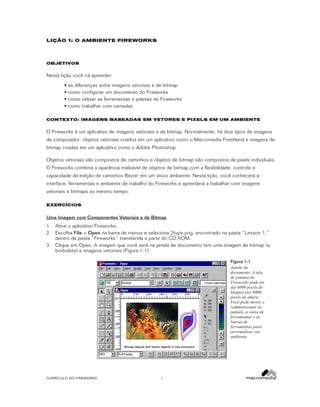 LI‚ÌO 1: O AMBIENTE FIREWORKS

OBJETIVOS

Nesta lição você irá aprender:
•
•
•
•

as diferenças entre imagens vetoriais e de bitmap
como configurar um documento do Fireworks
como utilizar as ferramentas e paletas do Fireworks
como trabalhar com camadas

CONTEXTO: IMAGENS BASEADAS EM VETORES E PIXELS EM UM AMBIENTE

O Fireworks é um aplicativo de imagens vetoriais e de bitmap. Normalmente, há dois tipos de imagens
de computador: objetos vetoriais criados em um aplicativo como o Macromedia FreeHand e imagens de
bitmap criadas em um aplicativo como o Adobe Photoshop.
Objetos vetoriais são compostos de caminhos e objetos de bitmap são compostos de pixels individuais.
O Fireworks combina a aparência maleável de objetos de bitmap com a flexibilidade, controle e
capacidade de edição de caminhos Bezier em um único ambiente. Nesta lição, você conhecerá a
interface, ferramentas e ambiente de trabalho do Fireworks e aprenderá a trabalhar com imagens
vetoriais e bitmaps ao mesmo tempo.
EXERCêCIOS

Uma Imagem com Componentes Vetoriais e de Bitmap
1. Ative o aplicativo Fireworks.
2. Escolha File > Open na barra de menus e selecione 2type.png, encontrado na pasta “Lesson 1,”
dentro da pasta “Fireworks” transferida a partir do CD-ROM.
3. Clique em Open. A imagem que você verá na janela de documento tem uma imagem de bitmap (a
borboleta) e imagens vetoriais (Figura 1-1).
Figura 1-1
Janela do
documento. A tela
de pintura do
Fireworks pode ter
até 6000 pixels de
largura por 6000
pixels de altura.
Você pode mover e
redimensionar os
painéis, a caixa de
ferramentas e as
barras de
ferramentas para
personalizar seu
ambiente.

CURRÍCULO DO FIREWORKS

1

 
