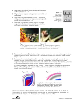 4. Selecione a ferramenta Pointer na caixa de ferramentas
do Fireworks (Figure 1-2).
5. Clique uma vez na parte da imagem com a borboleta para
selecioná-la.
6. Selecione a ferramenta Magnify e clique e arraste um
retângulo ao redor de uma parte pequena da imagem de
bitmap da borboleta (Figura 1-3).
7. Selecione 100% a partir do menu pop-up Document
magnification localizado na barra de ferramentas View
Control no canto inferior esquerdo da tela.

Figura 1-2
A ferramenta
Pointer (canto
superior esquerdo)
e a ferramenta
Subselection
(canto superior
direito)

Figura 1-3
Figura 1-4
Os pixels, elementos básicos de gráficos bitmap, são pequenos quadrados combinados
como os ladrilhos de um mosaico para a criação de imagens. Uma imagem bitmap fica
com mais granulação à medida que a ampliação mostra os pixels individualmente.

8. Selecione a ferramenta Subselection e clique uma vez no caminho mais externo da imagem vetorial.
Quando o caminho estiver selecionado com a ferramenta Subselection, os pontos ficarão visíveis
(Figure 1-5).
9. Selecione a ferramenta Magnify e utilize-a para clicar e arrastar um retângulo ao redor de uma
pequena parte do caminho selecionado. Selecione 100% a partir do menu pop-up Document
magnification localizado no canto inferior esquerdo da barra de ferramentas View Control. Utilizando
a ferramenta Subselection, clique em uma das alças de ponto e gire-a levemente.
O caminho e a sombra assumem um novo formato. Criando caminhos editáveis com atributos de
bitmap, o Fireworks garante que seu trabalho poderá ser completamente editado por todas as
etapas do processo de design.
Figura 1-6

Figura 1-5

A ampliação de qualquer objeto do Fireworks mostra
os pixels. Mas os pixels dos objetos são redesenhados
como resultado da edição vetorial. Mesmo os efeitos
são redesenhados depois da edição de um objeto.

O Fireworks ameniza a diferença entre imagens vetoriais e de bitmap. O caminho de um objeto do
Fireworks tem um caminho vetorial editável. Mas ele pode ter uma pincelada larga, texturizada, um
preenchimento de imagem e um efeito como uma sombra, fissura ou brilho.

2

CURRÍCULO DO FIREWORKS

 