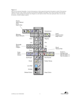 Figura 1-7
Barra de Ferramentas Expandida. A caixa de ferramentas no lado esquerdo da janela de documento contém 32 ferramentas,
algumas das quais estão contidas em grupos de ferramentas ampliados nesta figura. Para exibir um grupo de ferramentas,
pressione e segure qualquer ferramenta com triângulo no canto inferior direito. Para uma explicação sobre o uso de cada
ferramenta, consulte a página seguinte.

Pointer
Select Behind
Crop
Export Area

Subselection
Lasso
Polygon Lasso
Magic Wand

Marquee
Ellipse Marquee
Magnify

Hand
Line

Pen

Rectangle
Ellipse
Polygon

Text
Brush
Redraw Path
Pencil
Freeform
Reshape Area
Path Scrubber (–)
Path Scrubber (+)

Scale
Skew
Distort
Eyedropper

Paint Bucket

Eraser

Rubber Stamp

Line Well
Fill Well
Default Colors

CURRÍCULO DO FIREWORKS

Swap Colors

3

 