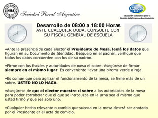 ANTE CUALQUIER DUDA, CONSULTE CON  SU FISCAL GENERAL DE ESCUELA Desarrollo de 08:00 a 18:00 Horas    Ante la presencia de cada elector el  Presidente de Mesa, leerá los datos  que figuran en su Documento de Identidad. Búsquelo en el padrón, verifique que todos los datos concuerden con los de su padrón. Firme con los fiscales y autoridades de mesa el sobre. Asegúrese de firmar  siempre en el mismo lugar . Es conveniente llevar una birome verde o roja.   Es común que para agilizar el funcionamiento de la mesa, se firme más de un sobre.  USTED NO LO HAGA .   Asegúrese de  que el elector muestre el sobre  a las autoridades de la mesa para poder corroborar que el que se introduzca en la urna sea el mismo que usted firmó y que sea solo uno.   Cualquier hecho relevante o cambio que suceda en la mesa deberá ser anotado por el Presidente en el acta de comicio.   