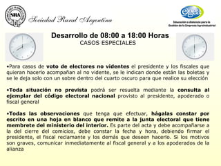 CASOS ESPECIALES Desarrollo de 08:00 a 18:00 Horas  Para casos de  voto de electores no videntes  el presidente y los fiscales que quieran hacerlo acompañan al no vidente, se le indican donde están las boletas y se le deja solo con un sobre dentro del cuarto oscuro para que realice su elección Toda situación no prevista  podrá ser resuelta mediante la  consulta al ejemplar del código electoral nacional  provisto al presidente, apoderado o fiscal general Todas las observaciones  que tenga que efectuar,  hágalas constar por escrito en una hoja en blanco que remite a la junta electoral que tiene membrete del ministerio del interior.  Es parte del acta y debe acompañarse a la del cierre del comicios, debe constar la fecha y hora, debiendo firmar el presidente, el fiscal reclamante y los demás que deseen hacerlo. Si los motivos son graves, comunicar inmediatamente al fiscal general y a los apoderados de la alianza 
