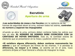   Las autoridades de mesa y los fiscales  con la vigilancia de las fuerzas de seguridad abren la urna, extraen todos los sobres,  controlan su numero y separan los impugnados Cuando se abra la urna, primero deben contarse todos los sobres que hay en ella.  EL NÚMERO DE SOBRES DEBE COINCIDIR CON LA CANTIDAD DE VOTOS EMITIDOS . Esto es, la cantidad exacta de electores que se presentaron en la mesa y pudieron emitir su voto. Si existiera alguna diferencia, deben contarse nuevamente los sobres  y que se verifiquen las firmas de los mismos. Y si persiste la  diferencia, no mayor a 5 votos , se asienta así en el acta. Caso contrario diríjase al Fiscal General a efectos de impugnar la mesa. Escrutinio Apertura de urna 