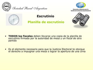 TODOS los fiscales  deben llevarse una copia de la planilla de escrutinio firmada por la autoridad de mesa y un fiscal de otro partido Es el elemento necesario para que la Justicia Electoral te otorgue el derecho a impugnar una mesa o lograr la apertura de una urna Escrutinio Planilla de escrutinio 