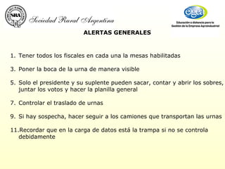 ALERTAS GENERALES Tener todos los fiscales en cada una la mesas habilitadas Poner la boca de la urna de manera visible Solo el presidente y su suplente pueden sacar, contar y abrir los sobres, juntar los votos y hacer la planilla general Controlar el traslado de urnas Si hay sospecha, hacer seguir a los camiones que transportan las urnas Recordar que en la carga de datos está la trampa si no se controla debidamente 