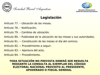 Legislación   Artículo 77. - Ubicación de las mesas.  Artículo 78. - Notificación.  Artículo 79. - Cambios de ubicación.  Artículo 80. - Publicidad de la ubicación de las mesas y sus autoridades.  Artículo 81. – Constitución de las mesas el día del comicio. Artículo 82. – Procedimiento a seguir. Artículo 83. – Apertura del acto. Artículo 84. – Procedimiento. TODA SITUACIÓN NO PREVISTA DEBERÁ SER RESUELTA MEDIANTE LA CONSULTA AL EJEMPLAR DEL CÓDIGO ELECTORAL NACIONAL PROVISTO AL PRESIDENTE, APODERADO O FISCAL GENERAL 