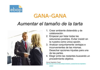 GANA-GANA
         Aumentar el tamaño de la tarta
                         1. Crear ambiente distendido y de
                            colaboración.
                         2. Empezar por listar todas las
                            soluciones posibles. Evitar insistir en
                            la nuestra como única opción.
                         3. Analizar conjuntamente ventajas e
                            inconvenientes de las mismas.
                            Desechar opciones injustas para una
                            de las partes.
                         4. Elegir entre las restantes buscando un
                            procedimiento objetivo.
Octubre 2009             Harvard Negotiation Project.
www.proquame.com.es      http://www.pon.harvard.edu/category/research_projects/harvard-negotiation-
Versión: 1.0
                              project/
 