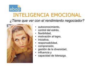 INTELIGENCIA EMOCIONAL
¿Tiene que ver con el rendimiento negociador?
                      •   autoconocimiento,
                      •   control del estrés,
                      •   flexibilidad,
                      •   motivación al logro,
                      •   iniciativa,
                      •   responsabilidad,
                      •   comprensión,
                      •   gestión de la diversidad,
                      •   influencia y
                      •   capacidad de liderazgo.
Octubre 2009
www.proquame.com.es
Versión: 1.0
 
