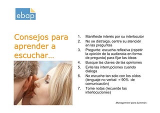 Consejos para         1.
                      2.
                           Manifieste interés por su interlocutor
                           No se distraiga, centre su atención
aprender a            3.
                           en las preguntas
                           Pregunte: escucha reflexiva (repetir
escuchar…                  la opinión de la audiencia en forma
                           de pregunta) para fijar las ideas
                      4.   Busque las claves de las opiniones
                      5.   Evite las interrupciones cuando
                           dialoga
                      6.   No escuche tan solo con los oídos
                           (lenguaje no verbal = 90% de
                           comunicación)
                      7.   Tome notas (recuerde las
                           interlocuciones)
Octubre 2009
www.proquame.com.es                           Management para dummies
Versión: 1.0
 