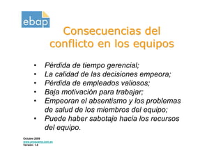 Consecuencias del
                conflicto en los equipos
      •      Pérdida de tiempo gerencial;
      •      La calidad de las decisiones empeora;
      •      Pérdida de empleados valiosos;
      •      Baja motivación para trabajar;
      •      Empeoran el absentismo y los problemas
             de salud de los miembros del equipo;
      •      Puede haber sabotaje hacia los recursos
             del equipo.
Octubre 2009
www.proquame.com.es
Versión: 1.0
 