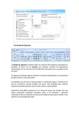La Banda de Opciones




La Banda de opciones contiene todas las opciones del programa agrupadas en
pestañas. Al hacer clic en Insertar, por ejemplo, veremos las operaciones
relacionadas con la inserción de los diferentes elementos que se pueden crear
en Excel.

En algunos momentos algunas opciones no estarán disponibles, las reconocerás
porque tienen un color atenuado.

Las pestañas que forman la banda pueden ir cambiando según el momento en
que te encuentres cuando trabajes con Excel. Está diseñada para mostrar
solamente aquellas opciones que te serán útiles en cada pantalla.

Pulsando la tecla ALT entraremos en el modo de acceso por teclado. De esta
forma aparecerán pequeños recuadros junto a las pestañas y opciones
indicando la tecla (o conjunto de teclas) que deberás pulsar para acceder a esa
opción sin la necesidad del ratón.
 