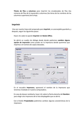 Títulos de filas y columnas para imprimir los encabezados de filas (los
  números de filas de la izquierda) y columnas (las letras de los nombres de las
  columnas superiores) de la hoja.




Imprimir

Una vez nuestra hoja esté preparada para imprimir, es aconsejable guardarla, y
después, seguir los siguientes pasos:

  Hacer clic sobre la opción Imprimir del Botón Office.

  Se abrirá un cuadro de diálogo desde donde podremos cambiar alguna
  opción de impresión como puede ser la impresora donde queremos que
  imprima o el número de copias deseadas.




  En el recuadro Impresora, aparecerá el nombre de la impresora que
  tenemos instalada en nuestra computadora.

  En caso de desear cambiarla, hacer clic sobre la flecha derecha del Nombre:
  para elegir otra impresora de la lista desplegable que se abrirá.

  Con el botón Propiedades podremos cambiar algunas características de la
  impresora.
 