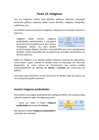 Tema 12. Imágenes
Una vez tengamos nuestro libro definido, podemos mejorarlo incluyendo
elementos gráficos, podemos añadir títulos WordArt, imágenes, fotografías,
autoformas, etc...

Los distintos elementos gráficos (imágenes o dibujos) que se pueden insertar en
Excel son:

  Imágenes     desde     archivo,   Imágenes
  prediseñadas, pertenecientes a una galería
  que tiene Excel, Autoformas, es decir, líneas,
  rectángulos, elipses, etc, para diseñar
  nuestros propios dibujos, SmartArt, varias plantillas para crear organigramas,
  WordArt, rótulos disponibles de una galería que se pueden personalizar con
  diversas opciones.

Sobre las imágenes y los dibujos pueden realizarse multitud de operaciones,
como mover, copiar, cambiar el tamaño, variar la intensidad, etc. Para ello
disponemos de varias barras de herramientas que iremos viendo,
fundamentalmente las pestañas de Diseño y Formato que vimos para los
gráficos.

Con todos estos elementos no hay excusa para no diseñar hojas de cálculo con
una componente gráfica atractiva.




Insertar imágenes prediseñadas

Para insertar una imagen prediseñada del catálogo de Office o de nuestra propia
colección debemos seguir los siguientes pasos:

  - Hacer clic sobre el botón Imágenes
  prediseñadas de la pestaña Insertar.

Nos aparece el panel Imágenes prediseñadas a
la derecha de la pantalla.
 
