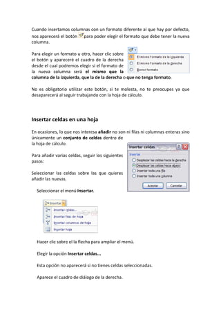Cuando insertamos columnas con un formato diferente al que hay por defecto,
nos aparecerá el botón para poder elegir el formato que debe tener la nueva
columna.

Para elegir un formato u otro, hacer clic sobre
el botón y apareceré el cuadro de la derecha
desde el cual podremos elegir si el formato de
la nueva columna será el mismo que la
columna de la izquierda, que la de la derecha o que no tenga formato.

No es obligatorio utilizar este botón, si te molesta, no te preocupes ya que
desaparecerá al seguir trabajando con la hoja de cálculo.




Insertar celdas en una hoja

En ocasiones, lo que nos interesa añadir no son ni filas ni columnas enteras sino
únicamente un conjunto de celdas dentro de
la hoja de cálculo.

Para añadir varias celdas, seguir los siguientes
pasos:

Seleccionar las celdas sobre las que quieres
añadir las nuevas.

  Seleccionar el menú Insertar.




  Hacer clic sobre el la flecha para ampliar el menú.

  Elegir la opción Insertar celdas...

  Esta opción no aparecerá si no tienes celdas seleccionadas.

  Aparece el cuadro de diálogo de la derecha.
 