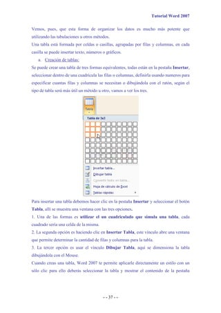 Tutorial Word 2007

Vemos, pues, que esta forma de organizar los datos es mucho más potente que
utilizando las tabulaciones u otros métodos.
Una tabla está formada por celdas o casillas, agrupadas por filas y columnas, en cada
casilla se puede insertar texto, números o gráficos.
   a. Creación de tablas:
Se puede crear una tabla de tres formas equivalentes, todas están en la pestaña Insertar,
seleccionar dentro de una cuadrícula las filas o columnas, definirla usando numeros para
especificar cuantas filas y columnas se necesitan o dibujándola con el ratón, según el
tipo de tabla será más útil un método u otro, vamos a ver los tres.




Para insertar una tabla debemos hacer clic en la pestaña Insertar y seleccionar el botón
Tabla, allí se muestra una ventana con las tres opciones.
1. Una de las formas es utilizar el un cuadriculado que simula una tabla, cada
cuadrado sería una celda de la misma.
2. La segunda opción es haciendo clic en Insertar Tabla, este vínculo abre una ventana
que permite determinar la cantidad de filas y columnas para la tabla.
3. La tercer opción es usar el vínculo Dibujar Tabla, aquí se dimensiona la tabla
dibujándola con el Mouse.
Cuando creas una tabla, Word 2007 te permite aplicarle directamente un estilo con un
sólo clic para ello deberás seleccionar la tabla y mostrar el contenido de la pestaña




                                         - - 37 - -
 