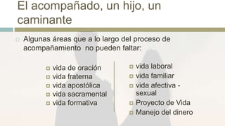 El acompañado, un hijo, un
caminante
 Algunas áreas que a lo largo del proceso de
acompañamiento no pueden faltar:
 vida de oración
 vida fraterna
 vida apostólica
 vida sacramental
 vida formativa
 vida laboral
 vida familiar
 vida afectiva -
sexual
 Proyecto de Vida
 Manejo del dinero
 