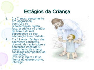 Estágios da Criança 2 a 7 anos: pensamento pré-operacional: aquisição da representação. Nesta fase, a criança vê a idéia de bem e de mal dependendo de sua adequação à autoridade.  7 a 11 anos: Estágio das operações concretas, domínio da razão sobre a percepção imediata.O pensamento da criança consegue acompanhar as  operações inversas( lógica).Já se liberta do egocentrismo, interage. 