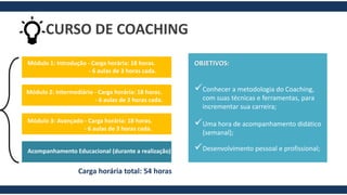 Módulo 1: Introdução -Carga horária: 18 horas. 
-6 aulas de 3 horas cada. 
Módulo 2: Intermediário -Carga horária: 18 horas. 
-6 aulas de 3 horas cada. 
Módulo 3: Avançado -Carga horária: 18 horas. 
-6 aulas de 3 horas cada. 
CURSO DE COACHING 
Acompanhamento Educacional (durante a realização) 
Carga horária total: 54 horasOBJETIVOS: 
Conhecer a metodologia do Coaching, com suas técnicas e ferramentas, para incrementar sua carreira; 
Uma hora de acompanhamento didático (semanal); 
Desenvolvimento pessoal e profissional;  