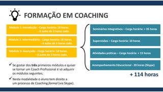 Módulo 1: Introdução -Carga horária: 18 horas. 
-6 aulas de 3 horas cada. 
Módulo 2: Intermediário -Carga horária: 18 horas. 
-6 aulas de 3 horas cada. 
Módulo 3: Avançado -Carga horária: 18 horas. 
-6 aulas de 3 horas cada. 
FORMAÇÃO EM COACHING 
Seminários Integrativos –Carga horária: + 35 horas 
Supervisões –Carga horária: 10 horas 
+ 114 horas 
Atividades práticas –Carga horária: + 15 horas 
Acompanhamento Educacional -20 horas (Skype) 
Se gostar dos trêsprimeiros módulos e quiser se tornar um Coach Profissional é só adquirir os módulos seguintes; 
Nesta modalidade o aluno tem direito a umprocesso de Coachingformal(via Skype).  