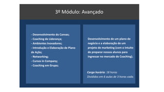 3º Módulo: Avançado 
-Desenvolvimento do Canvas; 
-Coaching de Liderança; 
-Ambientes Inovadores; 
-Introdução e Elaboração de Plano de Ação; 
-Networking; 
-Cursos in Company; 
-Coaching em Grupo; 
Desenvolvimento de um plano de negócio e a elaboração de um projeto de marketing (com o intuito de preparar nossos alunos para ingressar no mercado de Coaching). 
Carga horária: 18 horas 
Divididos em 6 aulas de 3 horas cada.  