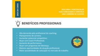 BENEFÍCIOS PROFISSIONAIS 
•Alta demanda pelo profissional de coaching; 
•Planejamento de carreira; 
•Aumentar potencial competitivo; 
•Atuar com Coach Profissional; 
•Aumento de performance; 
•Atuar com programas de liderança; 
•Maiores oportunidades de atuação profissional; 
•Maior possibilidade de colocação no mercado de trabalho. 
´ 
DESCUBRA E PONTENCIALIZE 
SUAS HABILIDADES E CONSTRUA 
UMA CARREIRA DE SUCESSO 
SAIADACAIXA  