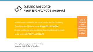 QUANTO UM COACH PROFISSIONAL PODE GANHAR? 
O valor médio cobrado por cada sessão de Life Coaching 
(Coaching de Vida) gira entre R$100,00e R$300,00. 
O valor médio de uma sessão de Coaching Executivo pode 
custar entre R$300,00e R$500,00. 
A duração de um processo de coaching 
completo varia de 8 a 12 sessões. 
Você já começa a atuar assim que terminar o primeiro módulo.  