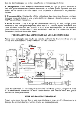 Elas são identificadas pela sua posição e sua função no forno da seguinte forma:

1. Chave primária - Esta é do tipo NO (normalmente aberta), ou seja, liga quando apertamos o
pino. Fica ligada em série com o primário do trafo de A.T. Portanto quando a porta do forno está
aberta, ela não permite que o trafo receba 110 V no primário e desta forma o magnetron não
funciona.

2. Chave secundária - Esta também é NO e vai ligada na placa de controle. Quando a porta do
forno está aberta, ela desliga do terra um pino do CI micro da placa e desta forma todas as teclas
"LIGA" do painel ficam inoperantes.

3. Chave monitora - Esta é do tipo NC (normalmente fechada), ou seja, desliga quando
apertamos o pino. Fica ligada em paralelo com o trafo de A.T. Quando a porta está aberta, esta
chave mantém o primário do trafo em curto e, se por acaso a chave primária der um defeito de
grudar os contatos, a chave monitora causa a queima do fusível de 15 A. Portanto não tem jeito
do magnetron funcionar com a porta aberta.

         POSICIONAMENTO DAS MICROCHAVES NUM MODELO DE MICROONDAS

Abaixo vemos as ligações dos circuitos de proteção e alimentação de um modelo de forno da
"Sharp" onde as microchaves estão identificadas por setas vermelhas:




Estas chaves também são indicadas pela sua máxima corrente de operação, em geral 15 ou 16
A. Devemos tomar o cuidado de não trocar a chave monitora com uma das outras duas, já que
seu modo de operação é inverso.

                           TESTE DAS MICROCHAVES DO FORNO

Abaixo vemos como deve ser feito o teste dos dois tipos de chave em X1. Observe como a
distância dos terminais da chave monitora é maior que o das outras duas:
 