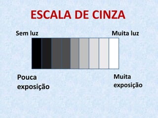 ESCALA DE CINZA
Sem luz Muita luz
Pouca
exposição
Muita
exposição
 