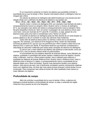 É um mecanismo existente no interior da objetiva que possibilita controlar a
quantidade de luz que irá atingir o filme. Quanto mais aberto estiver o diafragma mais luz
chegará até o filme.
         Os valores de abertura do diafragma são determinados por uma escala que tem
relação direta com o diâmetro da abertura da objetiva e que podem ser:
   f/1.2 – f/1.4 – f/2 – f/2.8 – f/4 – f/5.6 – f/8 – f/11 – f/16 – f/22 – f/32
          Quanto maior o número do diafragma (f/32, por exemplo) mais fechado ele está e
consequentemente menos luz atingirá o filme. Quanto menor o número do diafragma
(f/1.2, por exemplo) mais aberto ele estará e consequentemente mais luz atingirá o filme.
Na gíria fotográfica chama-se “abrir um ponto” à passagem de uma abertura menor para
uma maior, como por exemplo de f/11 para f/8. O contrário, ou seja, passar de uma
abertura maior para uma maior é considerado como “fechar um ponto”.
          O controle da abertura do diafragma pode ser feito através de um anel situado na
própria objetiva ou de um controle no corpo das câmeras mais modernas.
          Cada valor de abertura deixa entrar na câmera o dobro de luz da abertura
seguinte. Por exemplo, com abertura f/2.8 chegará ao filme o dobro de intensidade
luminosa da abertura f/4, que por sua vez permitirá que o filme receba o dobro de luz da
abertura f/5.6, e assim por diante. É importante observar que estamos considerando a
velocidade do obturador inalterada para todas estas variações de abertura do diafragma.
          É comum que o maior abertura da objetiva não pertença a esta escala, como por
exemplo f/3.5, mas os demais valores serão os padronizados.
          A luminosidade de uma objetiva depende de diversos fatores, como diâmetro da
objetiva, qualidade e quantidade das lentes usadas e distância focal da objetiva. Quanto
maior o diâmetro, mais luz o filme poderá receber. Isso é utilizado para melhorar a
qualidade de objetivas de grande distância focal. Quanto maior a distância focal, maior a
distância entre a câmera e o objeto, e consequentemente menor a quantidade de luz
daquele objeto que o filme irá receber. Quanto mais elementos (lentes) uma objetiva
possuir, mais escura ela será. Isso é facilmente constatado quando comparamos objetivas
zoom com objetivas fixas. As fixas são mais claras porque possuem menos lentes na sua
construção. Para compensar isso utiliza-se lentes de maior qualidade (mais claras) ou
maior diâmetro da objetiva.


Profundidade de campo
         Além de controlar a quantidade de luz que irá atingir o filme, a abertura do
diafragma controla também a profundidade de campo, ou seja, a extensão da região
nítida (em foco) quando se tira uma fotografia.
 