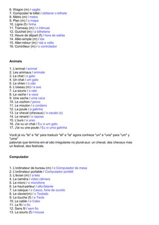 6. Wagon (m) / vagão
7. Composter le billet / obliterar o bilhete
8. Métro (m) / metro
9. Plan (m) / o mapa
10. Ligne (f) / linha
11. Tramway (m) / o trâmuei
12. Guichet (m) / a bilheteria
13. Heure de départ (f) / hora de salida
14. Aller-simple (m) / ida
15. Aller-retour (m) / ida e volta
16. Contrôleur (m) / o controlador



Animais

1. L'animal / animal
2. Les animaux / animals
3. Le chat / o gato
4. Un chat / um gato
5. Le chien / o cão
6. L'oiseau (m) / a ave
7. La souris / o rato
8. La vache / a vaca
9. Une vache / uma vaca
10. Le cochon / porco
11. Le mouton / o cordeiro
12. La poule / a galinha
13. Le cheval (chevaux) / o cavalo (s)
14. Le renard / o raposo
15. L'ours / o urso
16. J'ai vu un chat / Eu vi um gato
17. J'ai vu une poule / Eu vi uma galinha

Você já viu "le" e "la" para traduzir "el" e "la" agora conhece "un" e "une" para "um" y
"uma"
palavras que termina em-al são irregulares no plural-aux: un cheval, des chevaux mas
un festival, des festivals.


Computador


1. L'ordinateur de bureau (m) / o Computador de mesa
2. L'ordinateur portable / Computador portátil
3. L'écran (m) / a tela
4. La caméra / video câmara
5. Le micro / o microfone
6. Le haut-parleur / alto-falante
7. Le casque / o Casco, fone de ouvido
8. Le clavier(m) / o Teclado
9. La touche (f) / a Tecla
10. Le cable / o Cabo
11. Le fil / o fio
12. Sans fil / sem fio
13. La souris (f) / mouse
 