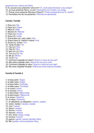 apresento-me, chamo-me Pedro
9. Et, pouvez-vous présenter votre ami? / E, você pode introduzir o seu amigo?
10. Je vous présente Pierre, un ami / Apresento-vos o Pedro, um amigo
11. Puis-je vous présenter Monsieur Dupont? / Posso apresentá-lo ao Sr. Smith?
12. Permettez-moi de me présenter / Permite-me apresentar


Família / Famille

1. Père (m) / Pai
2. Papa (m) / Papai
3. Mère (f) / Mãe
4. Maman (f) / Mamãe
5. Frère (m) / Irmão
6. Soeur (f) / Irmãa
7. Grand père (m) papi, pépé / Avô
8. Grand mère (f) mamie o mémé / Avó
9. Oncle (m) tonton / Tio
10. Tante (f) tata / Tia
11. Fils (m) / filho
12. Fille (f) / filha
13. Mon (m y f) / Meu
14. Ton (m y f )/ Teu
15. Ma (f) / Minha
16. Ta (f)/ Tua
17. Comment s'appelle ton père? / Qual é o nome do seu pai?
18. Mon père s'appelle Jean / Nome do meu pai é Jean
19. Comment s'appelle ta mère / Qual é o nome da sua mãe?
20. Ma mère s'appelle Paulette / Nome da minha mãe éa Paulette


Família 2/ Famille 2


1. le beau-père / Sogro
2. la belle mère / Sogra
3. le beau-frère / Cunhado
4. la belle soeur / Cunhada
5. le cousin / primo
6. la cousine / prima
7. le demi-frère / Meio-irmão
8. la demi-soeur / Meia-irmã
9. le neveu / Sobrinho
10. la nièce / Sobrinha
11. le célibataire, la célibataire / solteiro, solteira
12. marié, mariée / casado, casada
13. mari / marido
14. époux / esposo
15. femme / mulher
16. épouse / esposa
17. ami, amie / amigo, amiga
18. homme / homem
19. garçon / garoto, menino (tambien filho)
20. fille / garota, menina (tambien filha)
 