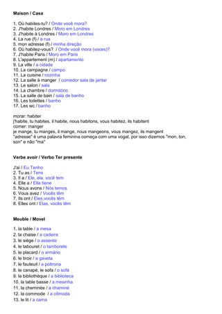 Maison / Casa

1. Où habites-tu? / Onde você mora?
2. J'habite Londres / Moro em Londres
3. J'habite à Londres / Moro em Londres
4. La rue (f) / a rua
5. mon adresse (f) / minha direção
6. Où habitez-vous? / Onde você mora (voces)?
7. J'habite Paris / Moro em Paris
8. L'appartement (m) / apartamento
9. La ville / a cidade
10. La campagne / campo
11. La cuisine / cozinha
12. La salle à manger / comedor sala de jantar
13. Le salon / sala
14. La chambre / dormitório
15. La salle de bain / sala de banho
16. Les toilettes / banho
17. Les wc / banho

morar: habiter
j'habite, tu habites, il habite, nous habitons, vous habitez, ils habitent
comer: manger
je mange, tu manges, il mange, nous mangeons, vous mangez, ils mangent
"adresse" é uma palavra feminina começa com uma vogal, por isso dizemos "mon, ton,
son" e não "ma"


Verbe avoir / Verbo Ter presente

J'ai / Eu Tenho
2. Tu as / Tens
3. Il a / Ele, ela, você tem
4. Elle a / Ella tiene
5. Nous avons / Nós temos
6. Vous avez / Vocês têm
7. Ils ont / Eles,vocês têm
8. Elles ont / Elas, vocês têm


Meuble / Movel

1. la table / a mesa
2. la chaise / a cadeira
3. le siège / o assento
4. le tabouret / o tamborete
5. le placard / o armário
6. le tiroir / a gaveta
7. le fauteuil / a poltrona
8. le canapé, le sofa / o sofá
9. la bibliothèque / a biblioteca
10. la table basse / a mesinha
11. la cheminée / a chaminé
12. la commode / a cômoda
13. le lit / a cama
 