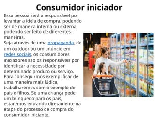 Consumidor iniciador
Essa pessoa será a responsável por
levantar a ideia de compra, podendo
ser de maneira interna ou externa,
podendo ser feito de diferentes
maneiras.
Seja através de uma propaganda, de
um outdoor ou um anúncio em
redes sociais, os consumidores
iniciadores são os responsáveis por
identificar a necessidade por
determinado produto ou serviço.
Para conseguirmos exemplificar de
uma maneira mais lúdica,
trabalharemos com o exemplo de
pais e filhos. Se uma criança pede
um brinquedo para os pais,
estaremos entrando diretamente na
etapa do processo de compra do
consumidor iniciante.
 