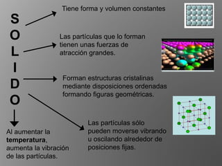 S
O
L
I
D
O
Tiene forma y volumen constantes
Las partículas que lo forman
tienen unas fuerzas de
atracción grandes.
Las partículas sólo
pueden moverse vibrando
u oscilando alrededor de
posiciones fijas.
Forman estructuras cristalinas
mediante disposiciones ordenadas
formando figuras geométricas.
Al aumentar la
temperatura,
aumenta la vibración
de las partículas.
 