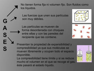 No tienen forma fija ni volumen fijo. Son fluidos como
los líquidos.
Las fuerzas que unen sus partículas
son muy débiles.
Las partículas se mueven de
forma desordenada con choques
entre ellas y con las paredes del
recipiente que las contiene.
Presentan la propiedad de expansibilidad y
compresibilidad ya que sus moléculas se
mueven libremente y ocupan todo el espacio
disponible.
La compresibilidad tiene límite y si se reduce
mucho el volumen en el que se recoge el gas,
éste pasará al estado líquido.
G
A
S
E
S
 