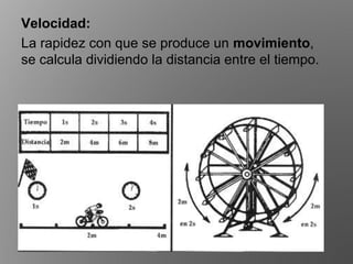 Velocidad:
La rapidez con que se produce un movimiento,
se calcula dividiendo la distancia entre el tiempo.
 