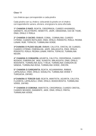 16
Clase 11
Los chakras que corresponden a cada piedra
Cada piedra con su chakra; colocando la piedra en el chakra
correspondiente sanara, aliviara, energizara la zona afectada.
1º CHAKRA O RAÍZ: ÁGATA, CRISOPRASA, CUARZO AHUMADO,
GRANATE, HELIOTROPO, HEMATITE, JASPE, OBSIDIANA, OJO DE TIGRE,
ÓNIX, ÓPALO Y PERLA.
2º CHAKRA O SACRO: ÁMBAR, CORAL, CORNALINA, CUARZO
CITRINO, CUARZO RUTILADO, ÓNIX, ÓPALO, PERIDOTO, PERLA, PIEDRA
LUNAR, RUBÍ, TOPACIO, TURMALINA VERDE.
3ºCHAKRA O PLEXO SOLAR: ÁMBAR, CALCITA, CRISTAL DE CUARZO,
CUARZO CITRINO, ESMERALDA, JASPE, MALAQUITA, ÓNIX, ÓPALO,
PERIDOTO, PERLA, PIEDRA LUNAR, PIRITA, TOPACIO, TURMALINA
NEGRA.
4º CHAKRA O CORAZÓN: AZURITA, CALCITA, CRISOPRASA, CUARZO
ROSADO, ESMERALDA, JADE, KUNZITA, MALAQUITA, ÓNIX, ÓPALO,
RODONITA. TURMALINA AZUL Y ROJA, TURMALINA CORAZÓN DE
SANDIA, TURMALINA ROSA, TURMALINA VERDE, ZIRCÓN.
5º CHAKRA O GARGANTA: ÁGATA, AGUAMARINA, ÁMBAR,
LAPISLÁZULI, ÓNIX, ÓPALO, SODALITA, TURMALINA VERDE Y
TURQUESA, ZAFIRO.
6ºCHAKRA O TERCER OJO: ÁGATA, AMATISTA, AZURITA, CALCITA,
FLUORITA, LAPISLÁZULI, ÓNIX, ÓPALO, RODOCROSITA, TURMALINA
VERDE, ZAFIRO.
7º CHAKRA O CORONA: AMATISTA, CRISOPRASA, CUARZO CRISTAL,
CUARZO NEVADO, DIAMANTE, JADE, ÓNIX, ÓPALO, PIRITA,
TURMALINA VERDE.
 