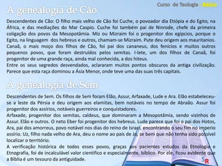 Descendentes de Cão: O filho mais velho de Cão foi Cuche, o povoador dia Etiópia e do Egito, na
África, e das mediações do Mar Caspio. Cuche foi também pai de Ninrode, chefe da primeira
coligação dos povos da Mesopotâmia. Miz ou Mizraim foi o progenitor dos egípcios, porque o
Egito, na linguagem dos hebreus e outros, chamam-se Mizraim. Pute deu origem aos mauritanios.
Canaã, o mais moço dos filhos de Cão, foi pai dos cananeus, dos fenícios e muitos outros
pequenos povos, que foram destruídos pelos semitas. I-lete, um dos filhos de Canaã, foi
progenitor de uma grande raça, ainda mal conhecida, a dos hiteus.
Entre os seus segredos desvendados, aclararam muitos pontos obscuros da antiga civilização.
Parece que esta raça dominou a Ásia Menor, onde teve uma das suas três capitais.
Descendentes de Sem. Os filhos de Sem foram Elão, Assur, Arfaxade, Lude e Ara. Elão estabeleceu-
se a leste da Pérsia e deu origem aos elamitas, bem notáveis no tempo de Abraão. Assur foi
progenitor dos assírios, notáveis guerreiros e conquistadores.
Arfaxade, progenitor dos semitas, caldeus, que dominaram a Mesopotâmia, sendo vizinhos de
Assur. Elão e outros. O neto Eber foi progenitor dos hebreus. Lude parece que foi o pai dos Hotos,
Ara, pai dos amorreus, povo notável nos dias do reino de Israel, encontrando o seu fim no imperio
assírio. Uz, filho nada velho de Ara, deu o nome ao país de Jo, se bem que não tenha sido possível
localizar o território.
A verificação histórica de todos esses povos, graças aos pacientes estudos da Etnologia e
Etnografia, foi de incalculável valor cientifico e especialmente, bíblico. Por ele, ficou evidente que
a Bíblia é um tesouro da antiguidade.
 