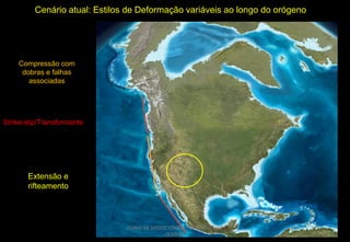 Cenário atual: Estilos de Deformação variáveis ao longo do orógeno

Compressão com
dobras e falhas
associadas

Strike-slip/Transformante

Extensão e
rifteamento

CURSO DE GEOTECTÔNICA - GEÓLOGO JOSÉ
OLIVEIRA

 
