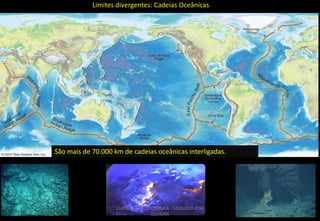 Limites divergentes: Cadeias Oceânicas

São mais de 70.000 km de cadeias oceânicas interligadas.

CURSO DE GEOTECTÔNICA - GEÓLOGO JOSÉ
OLIVEIRA

 