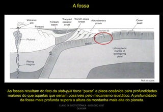 A fossa

As fossas resultam do fato da slab-pull force “puxar” a placa oceânica para profundidades
maiores do que aquelas que seriam possíveis pelo mecanismo isostático. A profundidade
da fossa mais profunda supera a altura da montanha mais alta do planeta.
CURSO DE GEOTECTÔNICA - GEÓLOGO JOSÉ
OLIVEIRA

 